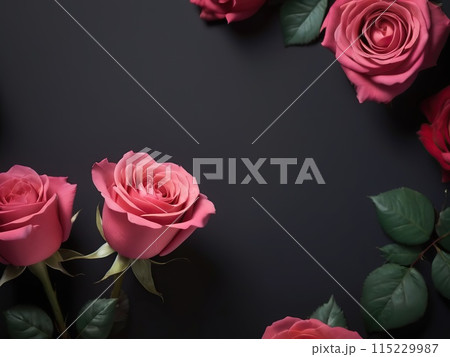Flowers composition. Frame made of roses on black background. Flat lay, top view, copy space Flowers composition. Frame made of roses on black background. Flat lay, top view, copy space 115229987