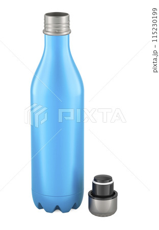Blue Stainless Steel Water Bottle. Double Wall Vacuum Insulated Water Bottle for Hot and Cold Drinks, 3D rendering 115230199