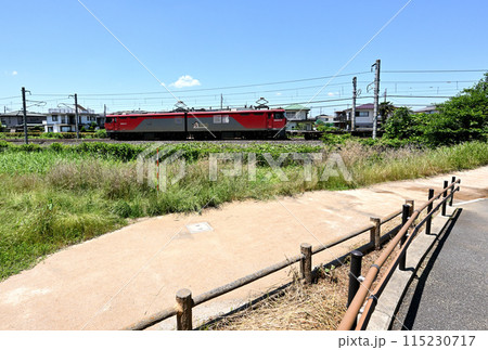 夏の青空と緑の公園を走る東北本線貨物列車 115230717