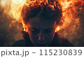 tired woman with burning head. Concept of emotional burnout, psychological disorder and human under stress 115230839