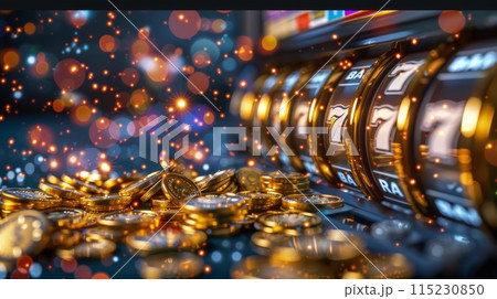 Illuminated Casino Slot Machine With Winning Seven Symbol and Golden Coins Illuminated Casino Slot Machine With Winning Seven Symbol and Golden Coins 115230850