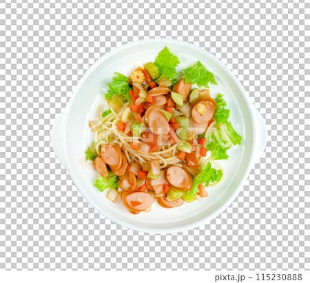 spaghetti noodles with sausage and tomatoes sauce in plate isolated spaghetti noodles with sausage and tomatoes sauce in plate isolated 115230888