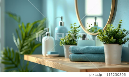 Two Bottles of Clear Gel on Blue Fabric With Pink Flowers in a Studio Setting 115230896