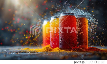 Cold Refreshing Drinks With Water Splash on a Dark Background 115231165