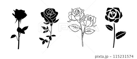 バラの花のシンプルなデザインのベクターイラストセット。手書きの線画とシルエット。 115231574