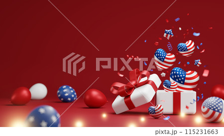 Gift box and usa hearts and balloons with confetti on red background Independence Memorial and labor day sale banner 3D render Gift box and usa hearts and balloons with confetti on red background Independence Memorial and labor day sale banner 3D render 115231663