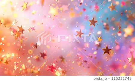 Abstract background. A radiant scene golden stars confetti swirling against a soft, pastel gradient. 115231745