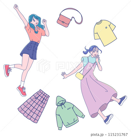 ファッション好きな女の子たちが、洋服と一緒にジャンプする 115231767
