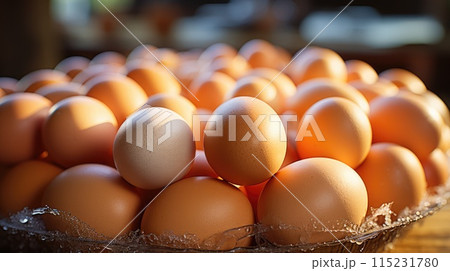 Eggs in a basket on a wooden table. Selective focus. 115231780