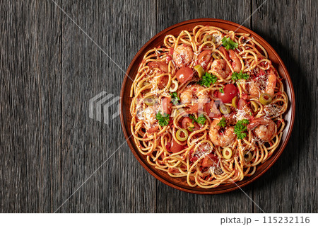 shrimp fra diavolo with spaghetti on a plate shrimp fra diavolo with spaghetti on a plate 115232116