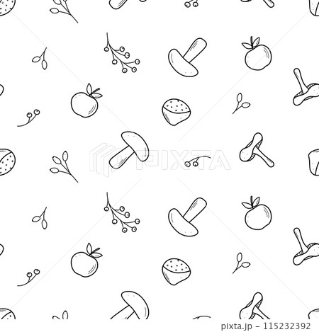 Seamless pattern of autumn elements. Vector illustration of acorns mushrooms apple chestnut berries. Seamless pattern of autumn elements. Vector illustration of acorns mushrooms apple chestnut berries. 115232392