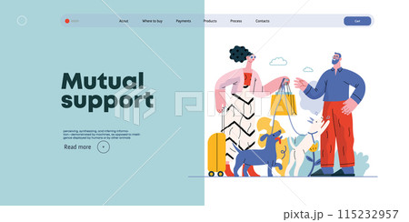 Mutual Support: Pet-sitting -modern flat vector concept illustration of a woman going on vacation leaving her dogs with neighbor. A metaphor of voluntary, collaborative exchanges of resource, services 115232957