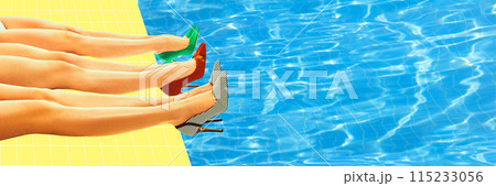 Female legs in colorful heels lying near swimming pool and sunbathing. Contemporary art collage. Female legs in colorful heels lying near swimming pool and sunbathing. Contemporary art collage. 115233056