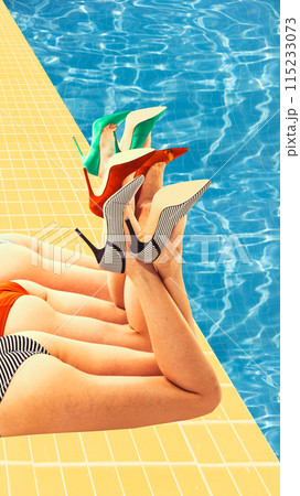 Female legs in colorful heels lying near swimming pool and sunbathing. Sea resort. Contemporary art collage. 115233073