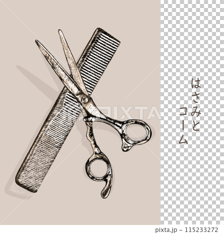 ハサミとコームの線画イラスト・美容師・理容師 115233272