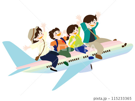 虹色の飛行機に乗って家族旅行を楽しむベクターイラスト 115233365