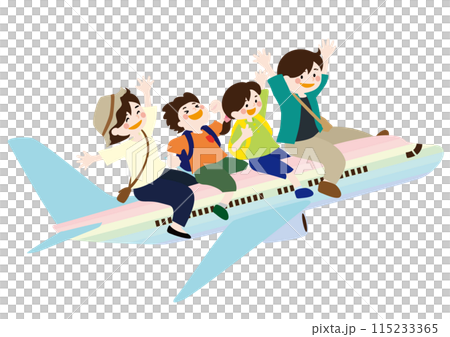 虹色の飛行機に乗って家族旅行を楽しむベクターイラスト 115233365