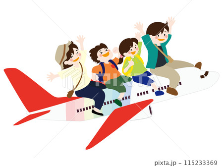 親子で飛行機に乗って家族旅行をするベクターイラスト 115233369