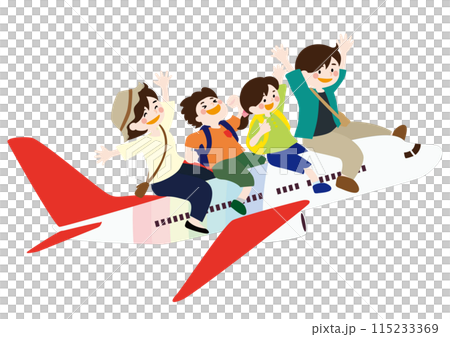 親子で飛行機に乗って家族旅行をするベクターイラスト 115233369