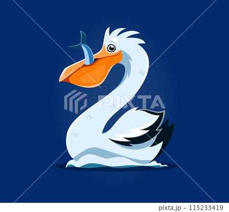 Underwater sea animals font, number 2 as cartoon pelican with fish, vector undersea alphabet. Sea animals font or ocean ABC typeface with cartoon character of funny pelican eating fish in number 2 Two 115233419