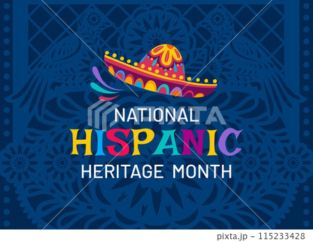 National hispanic heritage month banner with ethnic pattern and sombrero hat. Papel picado paper cut flower and bird ornaments vector background for mexican and spanish holiday festival poster 115233428