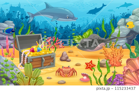 Underwater game landscape with treasure chest. Cartoon sea bottom with old wooden pirate trunk with gold and jewels, animals, fish shoal and seaweed silhouettes. Vector mysterious undersea game level 115233437