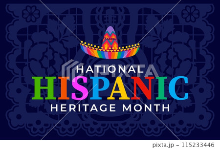 Papel picado paper cut flag and sombrero hat on national Hispanic heritage month, vector banner. Mexican sombrero with Latin pattern ornament for Hispanic American ethnic culture or tradition heritage 115233446