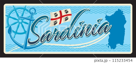 Sardinia island Italian city retro travel plate. Italian island postcard, vector tin sign with map silhouette, coat of Arms anchor and steering wheel, retro banner. European region vintage plaque 115233454