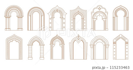 Arch door frames and entrance doorways or gateway in architectural drawing, vector icons. Cartoon, ancient classic or modern architecture arch doors with arcs of temple, palace or mosque doorways 115233463