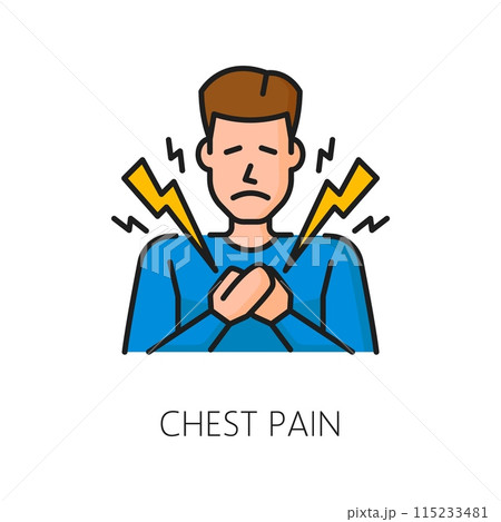 Hematology, anemia disease chest pain symptom color line icon. Hematology medicine symptom, cardiology disease or anemia thin line vector pictogram with man suffering from pain 115233481