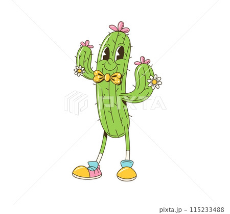 Cartoon groovy desert succulent cactus retro character with happy face, vector comic. Groovy funny cactus with happy smile and flowers, 70s hippie art cartoon funky character with gentleman bow tie Cartoon groovy desert succulent cactus retro character with happy face, vector comic. Groovy funny cactus with happy smile and flowers, 70s hippie art cartoon funky character with gentleman bow tie 115233488