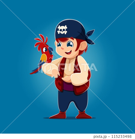 Cartoon kid boy pirate sailor with parrot. Vector cheerful young child dressed as a sailor, complete with a bandana and an bright parrot perched on his arm, captures a playful and adventurous spirit Cartoon kid boy pirate sailor with parrot. Vector cheerful young child dressed as a sailor, complete with a bandana and an bright parrot perched on his arm, captures a playful and adventurous spirit 115233498