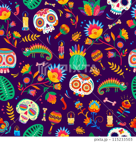 Mexican Dead Day, Dia De Los Muertos holiday seamless pattern. Textile Mexican culture print, Day of the Dead holiday celebration pattern with sugar skull, cactus, chameleon, candle and flowers 115233503
