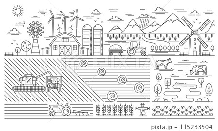 Eco village, line agriculture farm landscape. Vector linear monochrome fields, windmills, animals, gardens, hangars, buildings, barns, agricultural machinery. Farming scene with meadows and pasturage 115233504