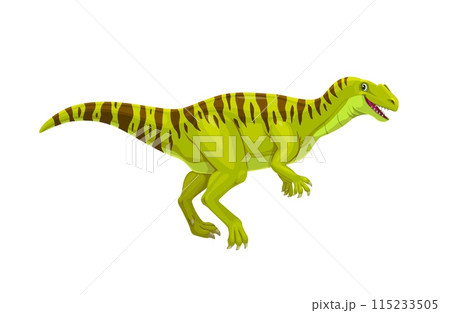 Neovenator prehistoric dinosaur. Isolated cartoon vector ancient reptile animal with green skin, dark stripes, streamlined body, sharp claws and friendly facial expression. Predatory jurassic creature Neovenator prehistoric dinosaur. Isolated cartoon vector ancient reptile animal with green skin, dark stripes, streamlined body, sharp claws and friendly facial expression. Predatory jurassic creature 115233505