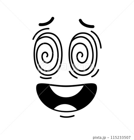Groovie emoji face, shocked smile or retro cartoon character, vector comic emoticon. Groovy face with spiral eyes of surprised or astonished shock emoticon face and scared mouth in retro doodle line 115233507