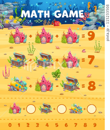 Underwater fairytale houses, math game worksheet. Vector mathematics riddle for children education and learning arithmetic. Calculation skills development puzzle task with coral, boat, treasure chest 115233508