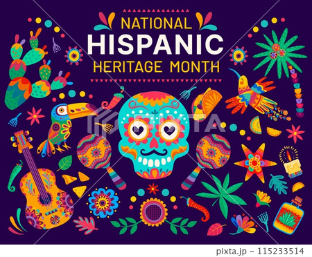 National Hispanic heritage month banner with skull, guitar and maracas, vector ornament pattern. Latin America Hispanic heritage festival background with pinata, cactus, toucan and tequila pattern 115233514