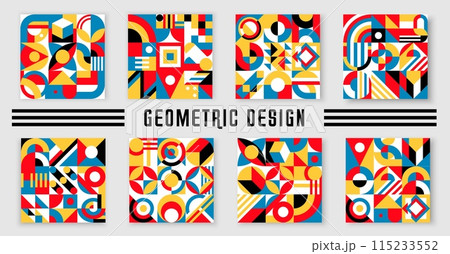 Abstract modern geometric patterns with minimal graphic elements. Vector background of color squares, circles and triangles, arches and curved lines. Simple geometry forms and figures trendy mosaic Abstract modern geometric patterns with minimal graphic elements. Vector background of color squares, circles and triangles, arches and curved lines. Simple geometry forms and figures trendy mosaic 115233552