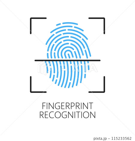 Biometric identification, fingerprint recognition or verification icon. Person verification, access security technology or ID biometric recognition color thin line vector symbol with fingerprint 115233562