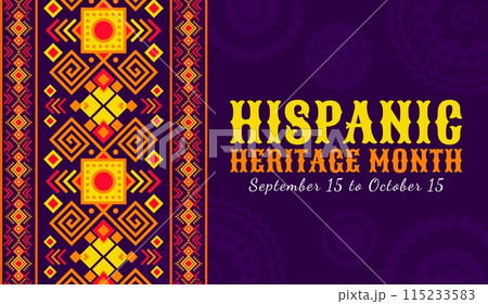 Hispanic heritage month banner with ethnic ornament pattern for Latin America holiday, vector background. Hispanic Americans ethnic tradition heritage of handicraft art and folk culture festival Hispanic heritage month banner with ethnic ornament pattern for Latin America holiday, vector background. Hispanic Americans ethnic tradition heritage of handicraft art and folk culture festival 115233583
