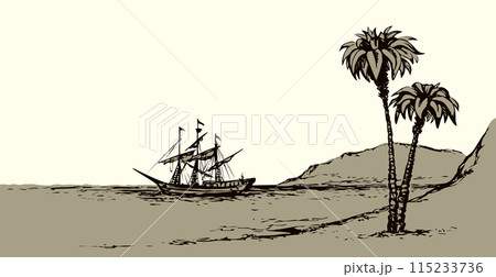 Vector landscape. Sketch of a fishing boat Vector landscape. Sketch of a fishing boat 115233736