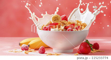 Breakfast cereal falling into a bowl with milk, raspberries and banana slices, creating a splash of milk 115233774