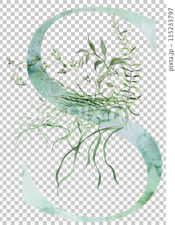 Green letter S with Watercolor whimsical tender leaves isolated illustration, wedding element 115233797