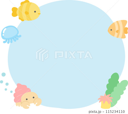 海の生き物たちの夏のフレーム、かわいい魚とクラゲとヤドカリとイソギンチャク02 115234110