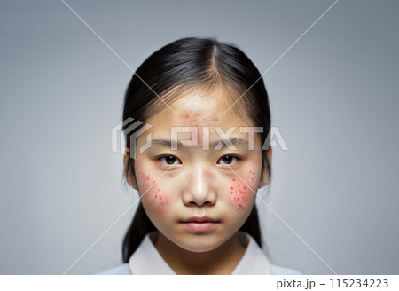 頬にポツポツと赤い湿疹が目立つ小学生の女の子　AI生成による架空の少女 115234223