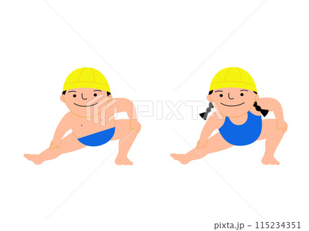 準備運動をする水着の男の子と女の子　黄色キャップ 115234351