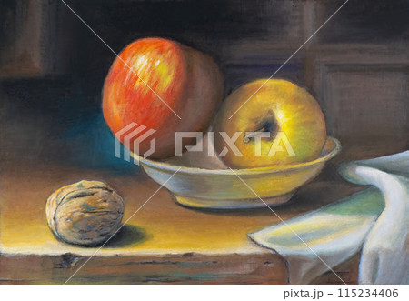 Still life with apples, walnut and drapery Still life with apples, walnut and drapery 115234406