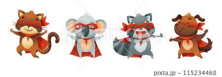 Animal Character Superhero Dressed in Mask and Red Cape or Cloak Vector Set 115234468