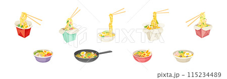 Asian Noodles in Carton Box and Bowl with Chopstick Vector Set Asian Noodles in Carton Box and Bowl with Chopstick Vector Set 115234489